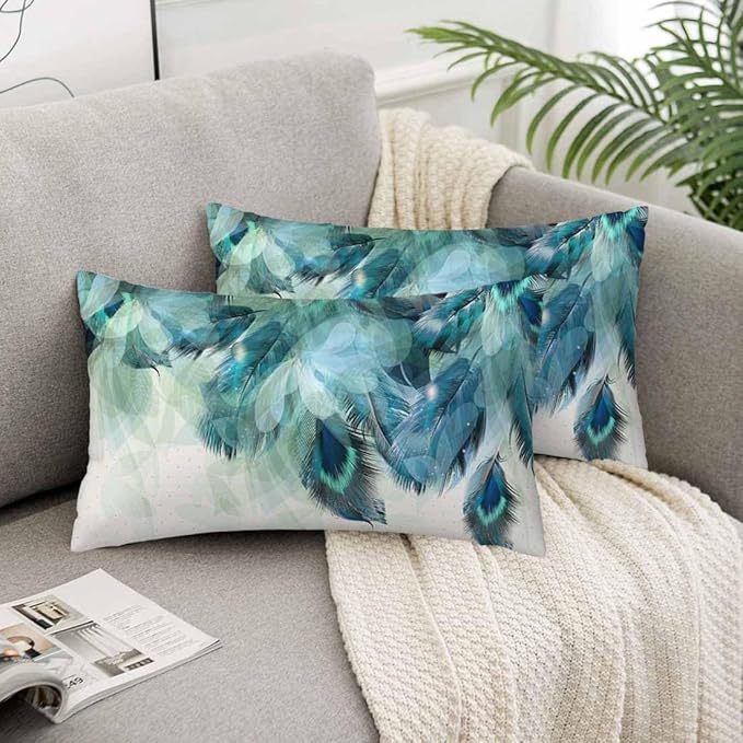 Peacock Feather 12 X 20 Pillow Covers Watercolor Gradient Blue Soft Halo Green Leaves Set of 2 Pillow Cases Rectangular Velvet Outdoor Pillowcases Decorative for Home Bed Sofa Couch Hotel