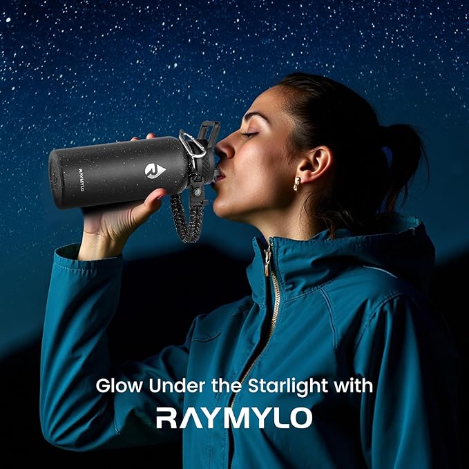 RAYMYLO Insulated Water Bottle 32 oz, Triple Wall Vacuum Stainless Steel (Cold for 24Hrs, Hot for 12Hrs), Leak Proof & Non-BPA, Modern Water Flask Jug with Paracord Handle & Straw Spout Lids