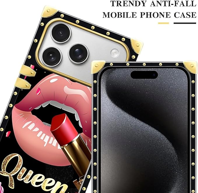 for iPhone 17 Pro Case Luxury Golden Decoration for Girl Women Soft TPU Shockproof Protective Hard PC Back for iPhone 17 Pro Crazy Pattern Glitter Red Rose Queen Leopard Lipstick