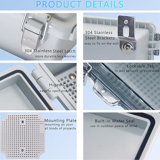 IP67 Waterproof Junction Box, ABS Plastic Electrical Enclosure with Stainless Steel Latch, Hinged Cover Electric Box with Mounting Plate, Wall Brackets & Cable Glands 380x280x130mm