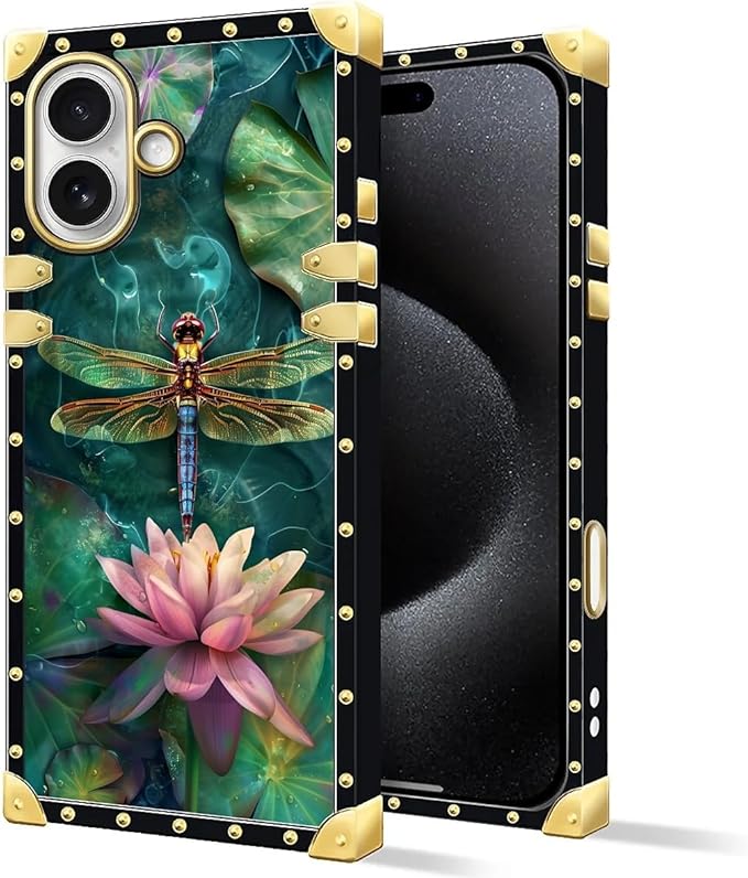 for iPhone 17 Case Luxury Golden Decoration for Girl Women Soft TPU Shockproof Protective Hard PC Back for iPhone 17 Crazy Pattern Colourful Dragonfly Pink Lily Pads