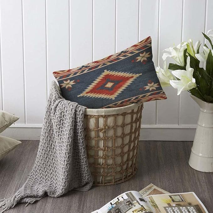 TKS MITLAN Southwest Diamond Blue Red Pillow Covers 12 x 20 Inch Indian Style on Blue Background Decorative Throw Pillow Covers Linen Cushion Case for Sofa Couch