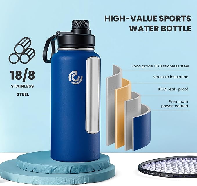 Sports Water Bottle 32oz, Insulated Water Bottle with Handle,Stainless Steel,Simple Modern,Suitable for Travel, School, Boy, Girl(Cobalt)