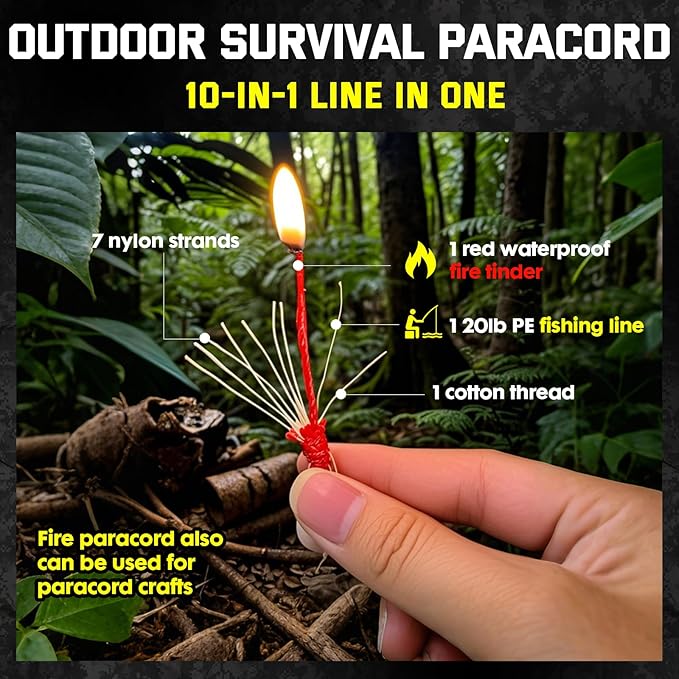 Survival Paracord 550 Fire Paracord Survivor Cord Nlyon Rope 10 Strands US Military Type III 550 Parachute Cord with Integrated Fishing Line, Fire-Starter Tinder 4 in 1