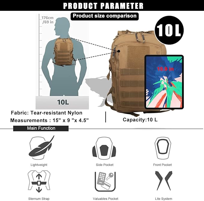 Miramrax 12L Small Backpack Day Pack - Mini Tactical Backpacks Military Daypack Molle Bag Rucksack Bug Out Bag for Hiking Camping Trekking (Tan)