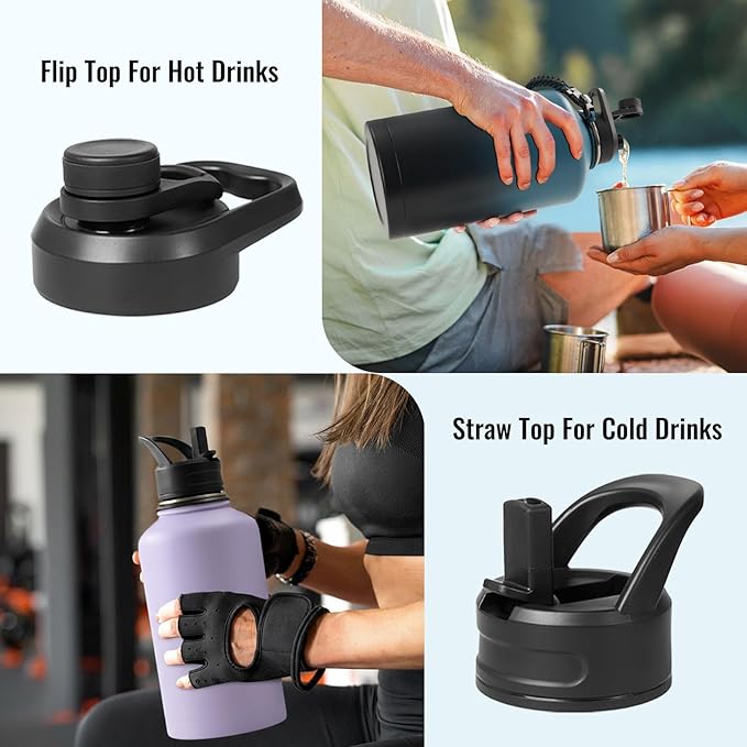 Fijinhom Gallon Water Bottle with 2 Lids (Straw & Spout), 304 Stainless Steel Water Jug with Handle and Wide Mouth, 1 Gallon Vacuum Double Walled Jug for Sports, Outdoors, Black/Gray, 128 oz