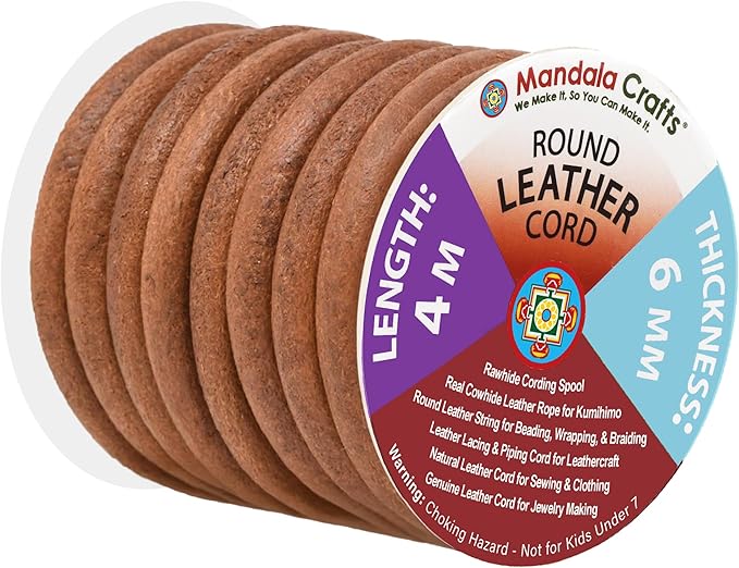 Mandala Crafts Round Cowhide Genuine Rust Leather Cord for Jewelry Making Kumihimo Leather Rope Spool - Rust 4.4 Yds 6mm Cording