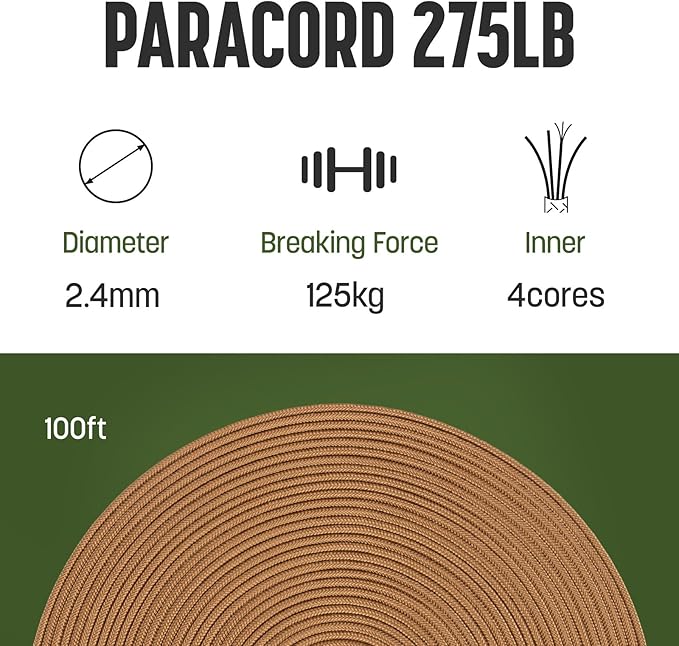 2.4mm Paracord 275LBS 100FT Rope Cord - 4 Strand, Nylon & Polyester, Abrasion Resistance - Coyote Brown