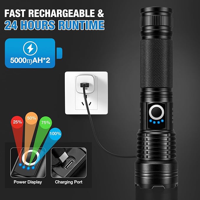 MILAOSHU Rechargeable Flashlights 90000 High Lumens - 2 Pack, Super Bright LED Flashlight Rechargeable with 5 Light Modes, High Powered & IPX7 Waterproof Flash Light for Camping, Home