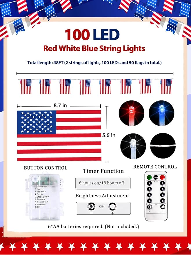 4th of July Patriotic Lights, 2PK 48FT 100LED Red White Blue String Lights with 50 American Flags, Battery Operated Waterproof 8 Modes & Remote & Timer for 250th Anniversary Independence Day Decor