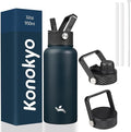 Konokyo 32 oz Insulated Water Bottle Stainless Steel Sport Bottles with 3 Lids,Navy Blue