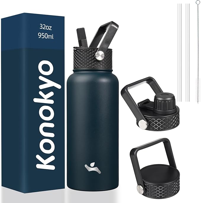 Konokyo 32 oz Insulated Water Bottle Stainless Steel Sport Bottles with 3 Lids,Navy Blue