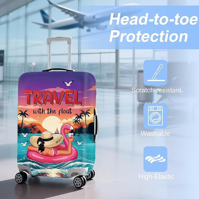 ANNA QUEEN Tropical Travel Flamingo Float Luggage Cover -Stretchable Airplane Suitcase Protector Sleeve,Universal Washable Fit for 20-22 Inch Checked Baggage,Water Resistant Durable Luggage Protector