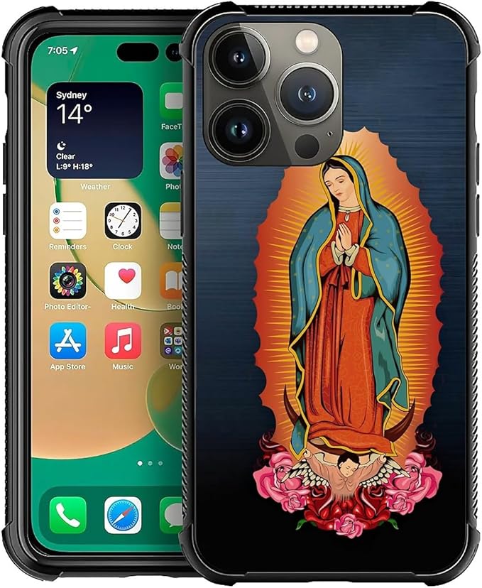 for iPhone 13 Pro Case, Red Virgen Guadalupe Pattern Graphic Design Girl Boy Soft Silicone Hard Acrylic Shock Protection for iPhone 13 Pro