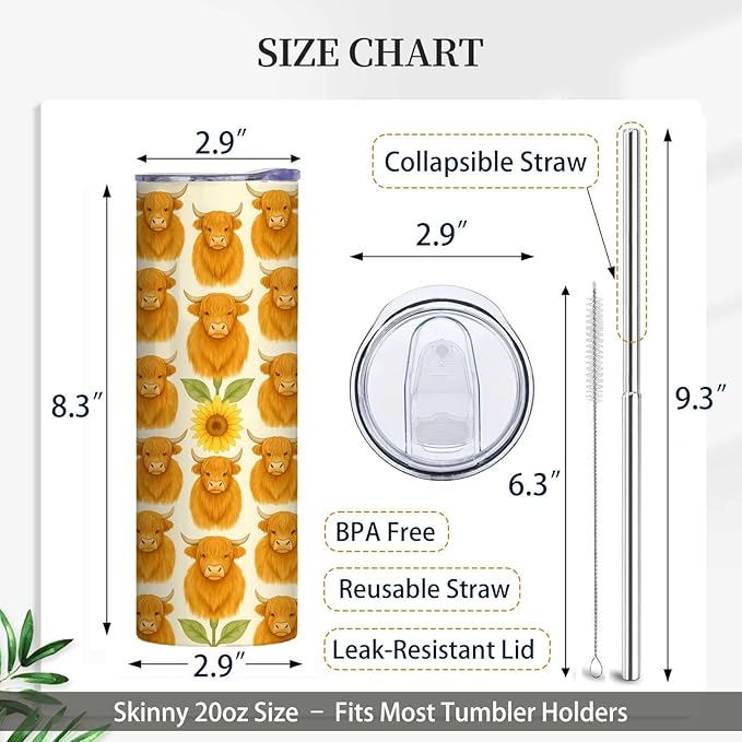 Firmiso 20 oz Tumbler｜Skinny Insulated Travel Mug｜Highland Cow Sunflower Stainless Steel Cup with Lid and Telescopic Straw｜Cute Farmhouse Floral Drinkware｜Gift Idea for Women Men