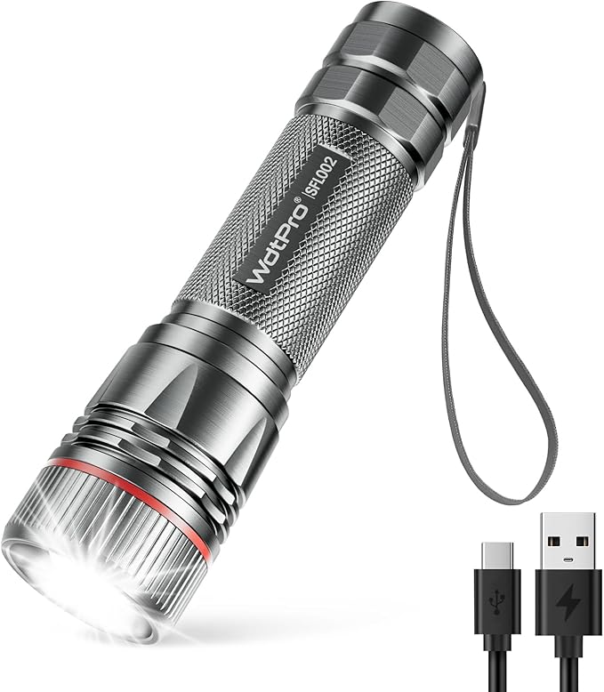 WdtPro Rechargeable Flashlights High Lumens, 1 Pack 10H Long Lasting Super Bright EDC Flashlights, LED Mini Tactical Flash Lights for Camping Emergency, Drop & Water Resistant Grey(Battery Included)