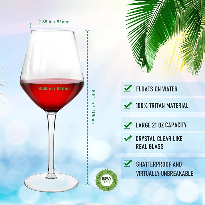 Floating Wine Glasses for Pool with Charms Tags, Pool accessories for adults, Shatterproof Poolside Wine Glasses, Floating Cup With Stem, Unbreakable Wine Cup & BPA-free (16 Oz, Set of 6)