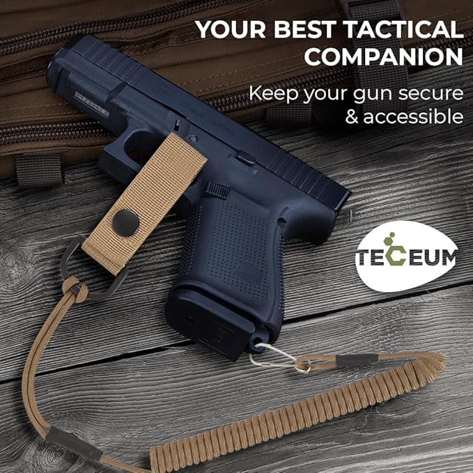 TECEUM Tactical Pistol Lanyard – 3+ Colors – Equipment Accessories for Military, Police, Security & Personal Use – Spring Safety Strap with D-Ring Keeper – Anti-Loss Elastic Coil for Belt or MOLLE