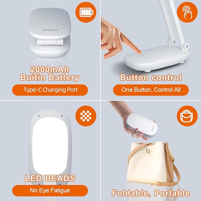 Akejrym LED Desk Lamp for Office Home & Battery Operated Lamp Rechargeable Lamp Foldable & Portable Light, [2-Fold Bracket] 3 Brightness Dimmable Small Desk Lamp Wireless Reading Lamp (White)