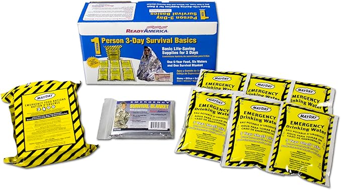 Ready America The Survival Box, 1-Person, 3-Day Emergency Kit Includes 5 Year Emergency Food, Water, Emergency Blanket Portable Disaster Preparedness Go-Bag for Earthquake, Fire, Flood, Hurricane