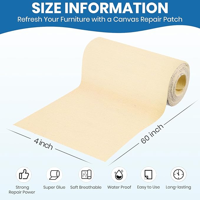 Canvas Patch 4 "x 60 ", Self-Adhesive Waterproof Canvas Patch Set for Repairing Tents, Couch, Boat Covers, Camping Chairs, Awnings, Car Seats.(Beige Yellow)