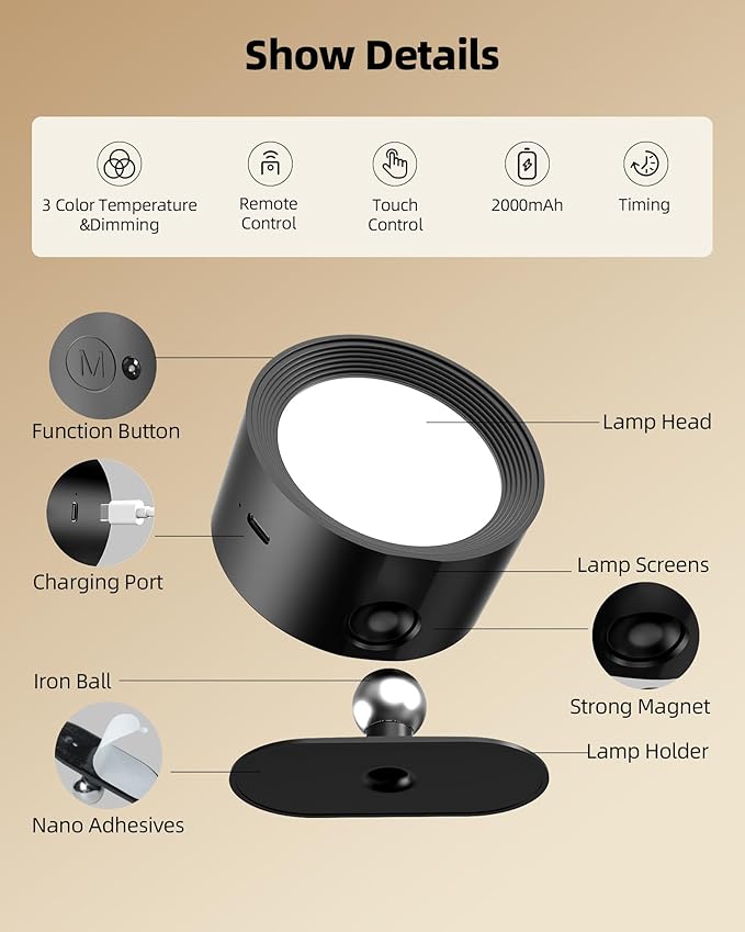 LED Wall Mounted Lights, Rechargeable Wall Sconce Lamps, 3 Color Temps & Remote and Touch, 360° Rotation Dimmable Cordless Wall Light for Study Bedroom Reading Bedside (Black, 2 Pack)