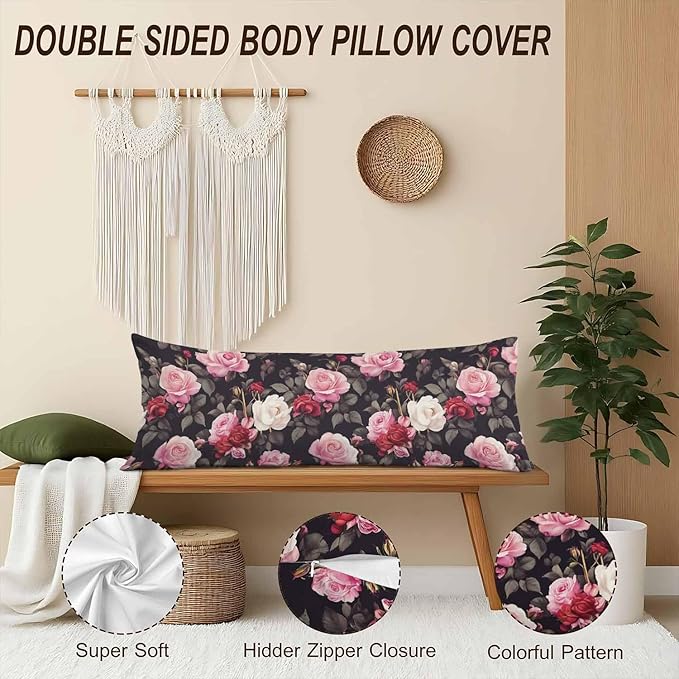 Outdoor Pillows Body Pillow Cover Rose Lumbar Body Pillow Case Protector Blossom Roses Body Cushion Covers Bed Body Pillowcases for Bedroom Couch Sofa 20"X54", Red Black