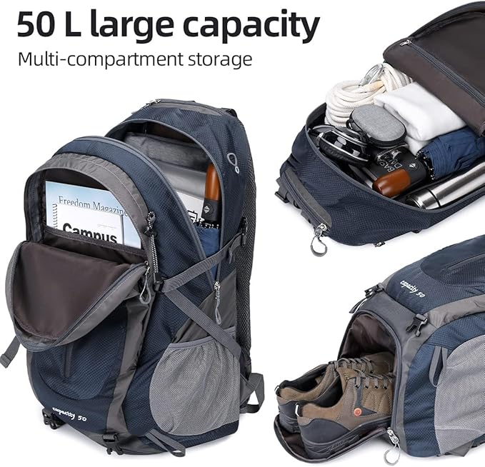 FENGDONG 50L Waterproof Lightweight Outdoor Daypack Hiking,Camping,Travel Backpack for Women Men blue