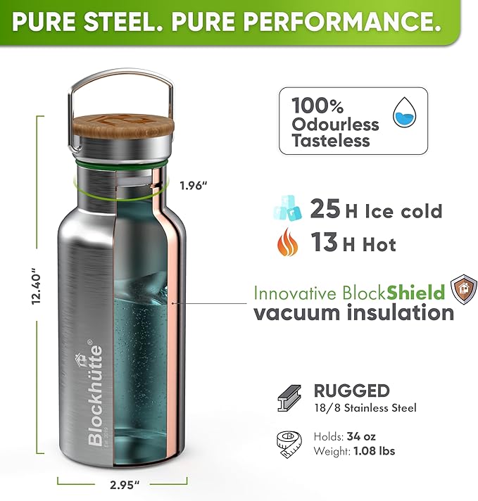 Blockhütte Insulated Custom Water Bottle 34 fl oz for Sports & Hiking – Leakproof Personalized Water Bottle, Suitable with Carbonated Drinks – Sustainable Personalized Water Bottle for Kids & Family