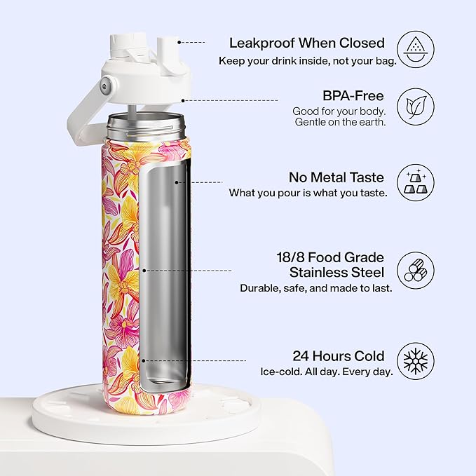 ENCOOL Insulated Water Bottle with Straw Stainless Steel Water Bottle, Leak-Proof, BPA-Free, Double Wall Vacuum Keeps Cold for 24 Hours for Sports, Travel, School (26 oz, Tropical Floral)