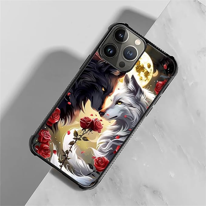 for iPhone 15 Pro Max Case, Black White Wolf Moon Flower Rose Pattern Graphic Design Girl Boy Soft Silicone Hard Acrylic Shock Protection for iPhone 15 Pro Max