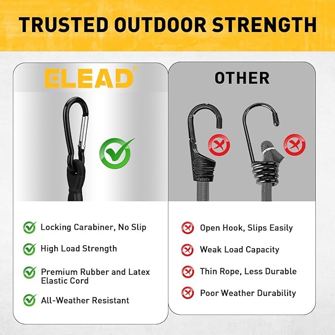 6 Piece 18 Inch Carabiner Bungee Cords with Hooks, Heavy Duty Outdoor Bungee Cords with Carabiner Hooks, 6" Nylon Cable Ties, UV & Weather Resistant