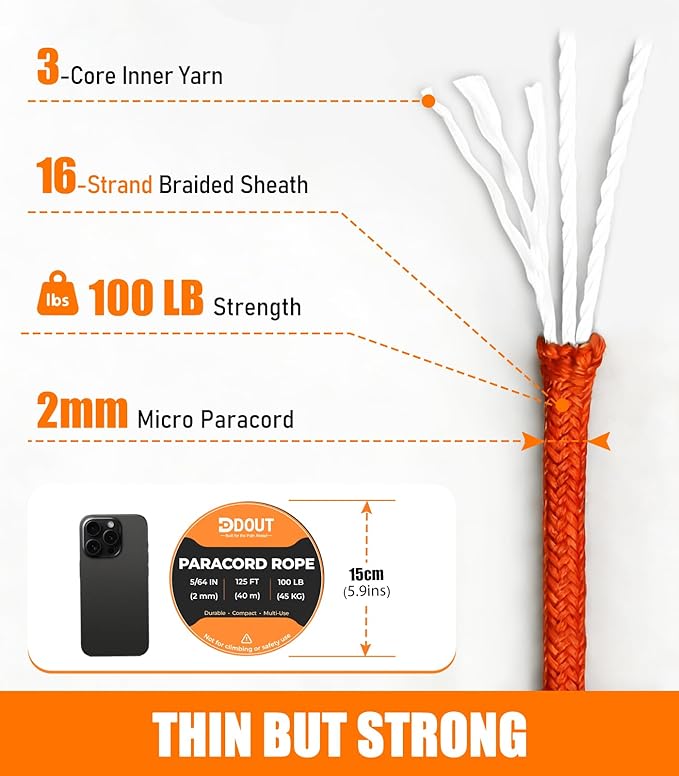 DDOUT 2mm Paracord 100lb, Thin Micro Paracord Rope, Orange 125FT Nylon Cord for Crafting, DIY Projects, Fishing, Camping & Outdoor