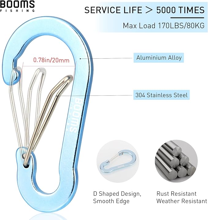 Booms Fishing CC5 Multi-Use Carabiner Clips, 10 Pack 2.7" Small Caribeener Clips, Mini Keychain Aluminum Caribeaner Clip