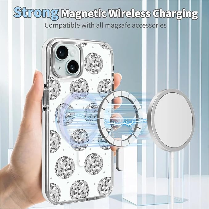 Case for iPhone 13/14,[Compatible with MagSafe],Disco Ball Grayish White Phone Case Design，for Women Girls Magnetic Clear Cover - Slim, Sleek, & Shockproof Protection