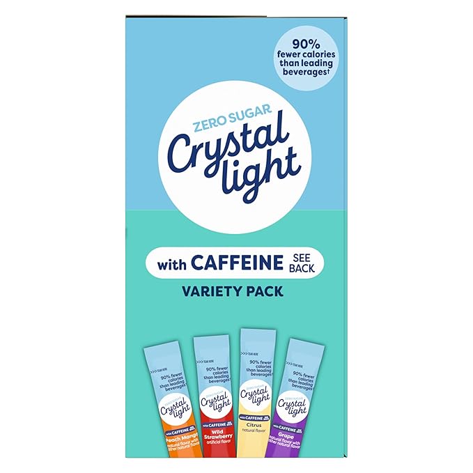 Crystal Light Energizing Drink Mix with Caffeine Variety Pack, 44 Packets for On-the-Go Hydration, Peach Mango, Wild Strawberry, Citrus, Grape, Naturally and Artificially Flavored, Zero Sugar, 4.18 oz
