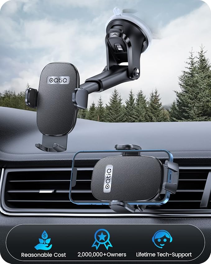OQTIQ 3-in-1 Car Phone Mount for Dashboard, Windshield & Air Vent – Strong Suction Cup Holder with Adjustable Arm & 360° Rotation – Universal Car Cell Phone Holder for iPhone & Android Smartphones