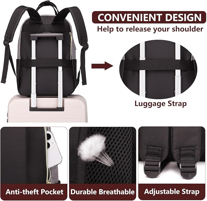 Laptop Backpack for Women Work Bag: College Backpacks 17.3 Inch with USB Charger School Book Bag Travel Computer Back Pack Casual Bookbags for Girls Teacher Black Grey