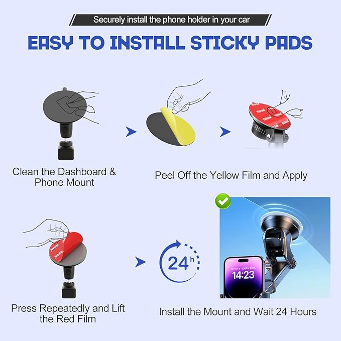 Adhesive Sticky Pads for Car Phone Mount, 4pcs Heavy Duty Mounting Tape for Vehicle Phone Holder, Heat Rresistant Double-Sided Mounting Sticker for Car Windshield Dashboard CellPhone Mount GPS EZ Pass