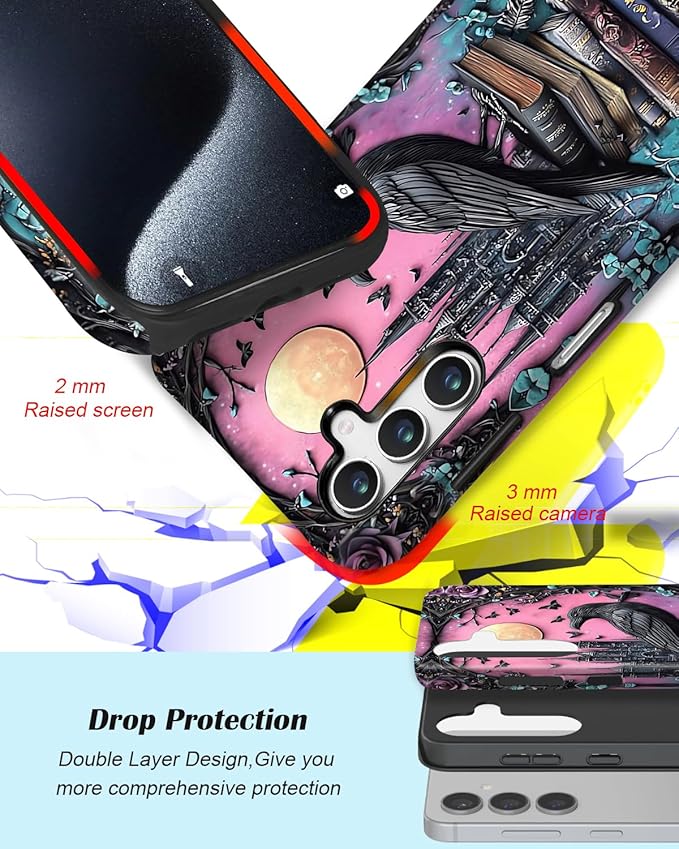 Compatible for Samsung Galaxy S25 Plus 5G Case, Dual Layer Heavy Duty 2 in 1 Shockproof Protective Phone Case,Black Raven Bird Rose Book Skulls