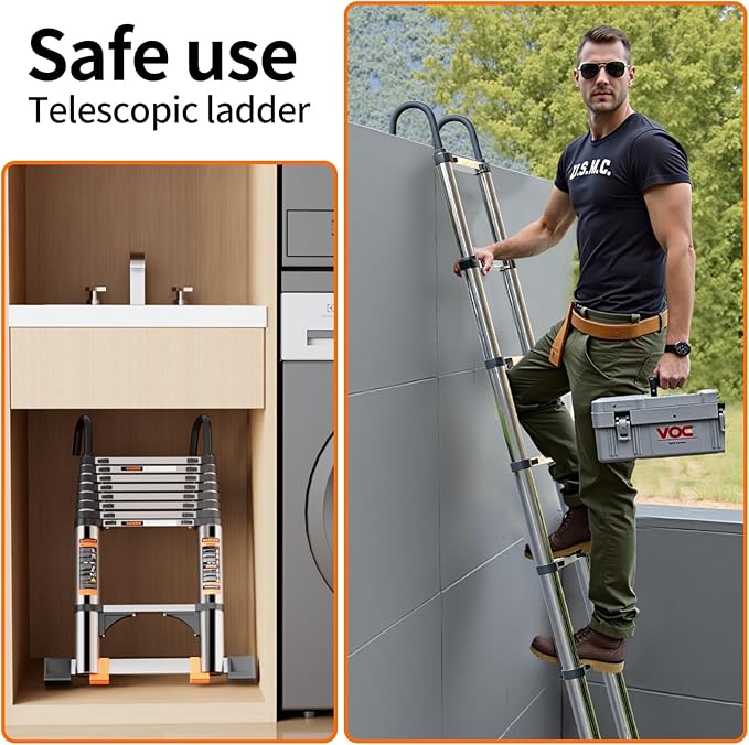 Telescoping Ladder,with Stable Hook and stabilizer barand,Extension Ladder, Heavy Duty 330lbs Max Capacity, Multi-Purpose Collapsible Ladder for RV or Outdoor Work(14.5FT/4.4M)