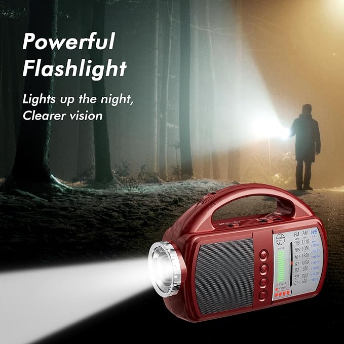 AM/FM/NOAA Weather Radio with Bluetooth Rechargeable Emergency Radio Built-in Rechargeable Battery or 4 AA Battery Operated & AC Power Plug in Wall for Home Camping RED