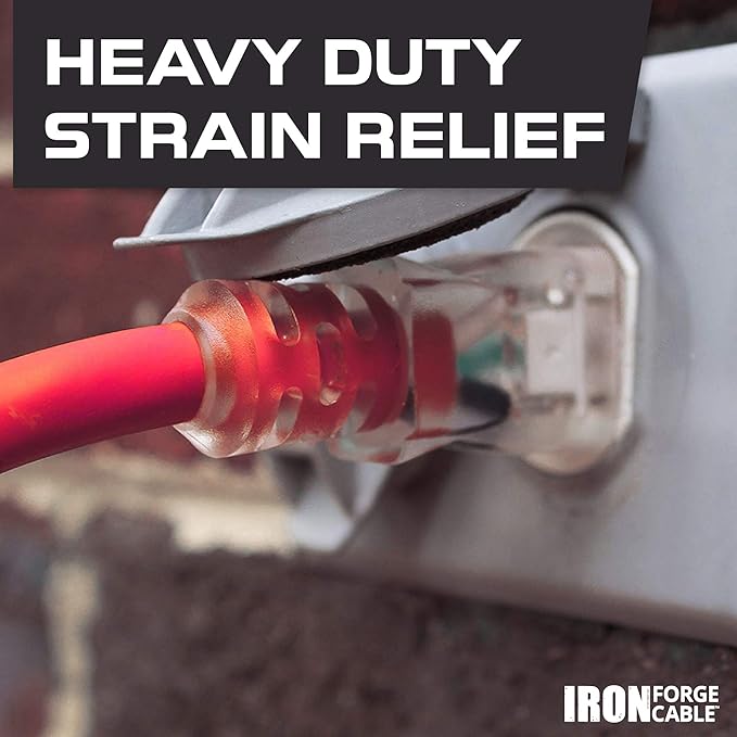 Iron Forge Cable 25 ft Lighted Outdoor Extension Cord - 12/3 SJTW Heavy Duty Red Extension Cable with 3 Prong 15 AMP Grounded Plug for Safety