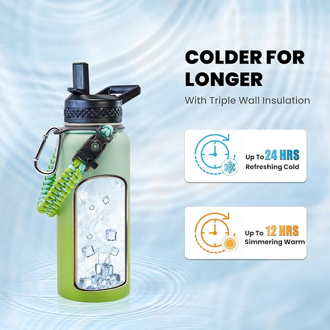 RAYMYLO Insulated Water Bottle 32 oz, Triple Wall Vacuum Stainless Steel (Cold for 24Hrs, Hot for 12Hrs), Leak Proof & Non-BPA, Modern Water Flask Jug with Paracord Handle & Straw Spout Lids