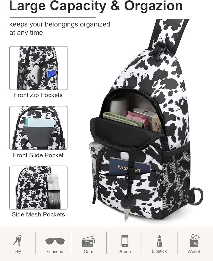 Pritent Crossbody Bags for Women Man Waterproof Sling Bag Backpack Trendy Casual Cross Body Bag with Convertible Shoulder Strap Chest Bag for Camping Hiking Travel Essentials (Cow print, Medium )