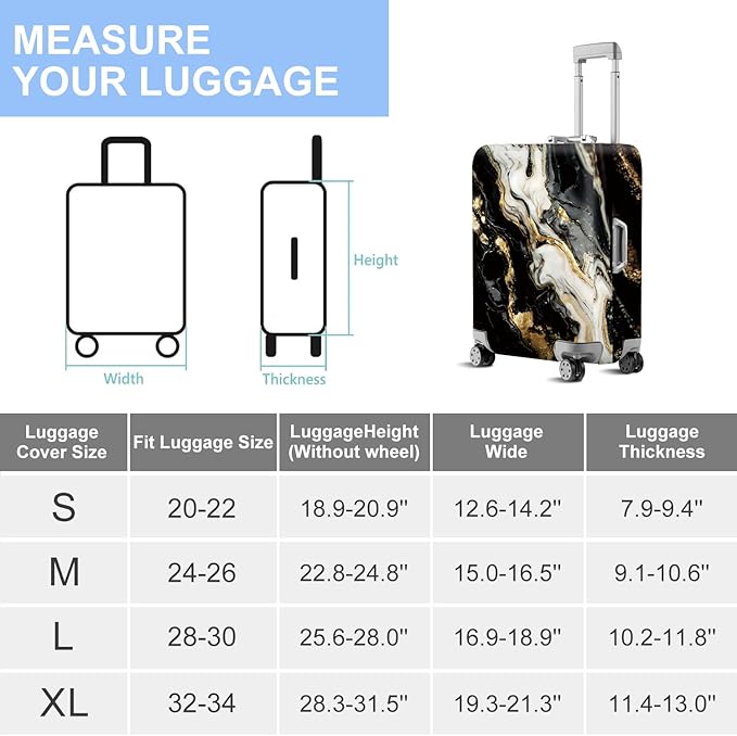 ANNA QUEEN Black White Gold Marble Luggage Cover- Stretchable, Water Resistant & Durable Suitcase Protector, Universal Washable Fit for 24-26 Inch Checked Baggage