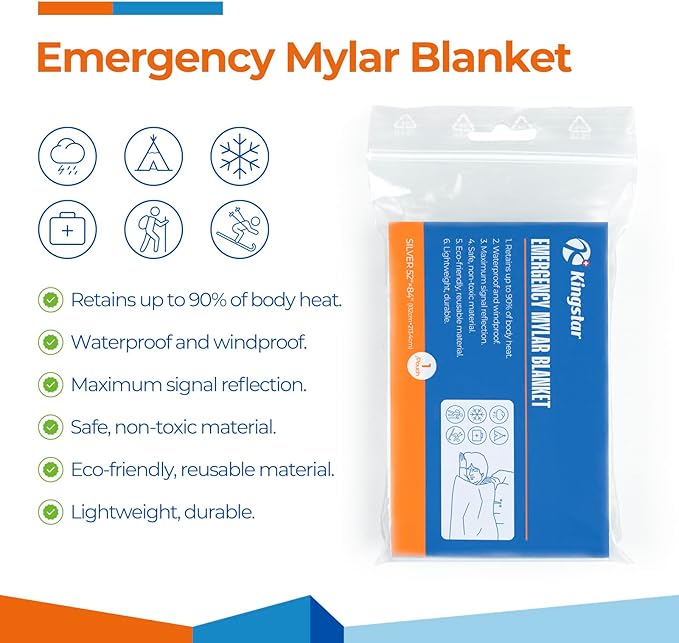 Emergency Blankets 4 Packs, 84" L x 52" W, Reusable Mylar Thermal Blankets for Survival Gear, Ideal for Camping, Hiking & First Aid, Retains 90% Body Heat in Cold, Snow & Winter Emergencies