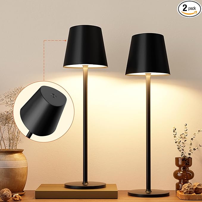 Kakanuo Cordless Table Lamp, 3 Color Stepless Dimming, 5000mAh Rechargeable Battery Powered, Outdoor LED Lamps, for Dining Room, Living Room, Bedroom, Bar, Cafe, Restaurant, Patio, Camping - Black