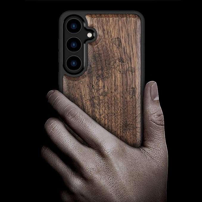 Carveit Wood Case for Galaxy S24 Plus Case [Natural Wood & Black Soft TPU] Shockproof Protective Cover Unique Wooden Design Compatible with S24 Plus (World Map-Walnut)