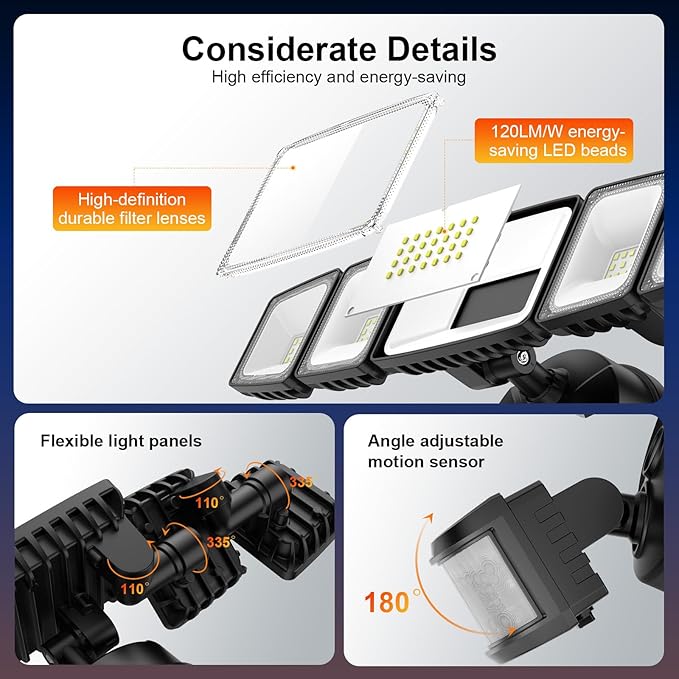 Onforu 7000LM 70W Motion Sensor Outdoor Lights, 5 Head Flood Lights Outdoor Hardwired, IP65 Waterproof LED Security Light, 6500K Dusk to Dawn Outdoor Lighting, Floodlight for Garage, Yard, Driveways